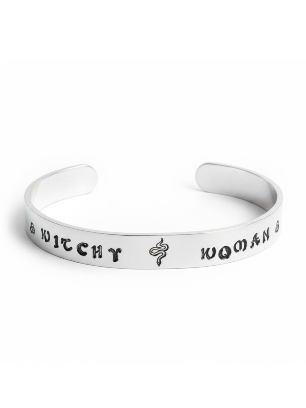 Handmade‎ stamped Witchy Woman snake silver aluminum adjustable cuff bracelet